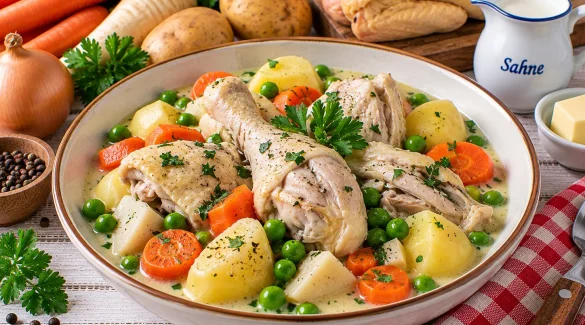 Gekochtes Hühnerfleisch mit Kartoffeln, Möhren und Erbsen in cremiger Brühe.