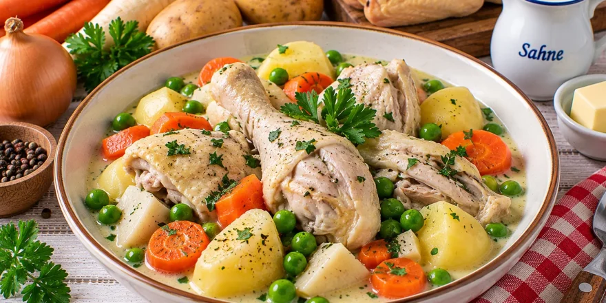 Gekochtes Hühnerfleisch mit Kartoffeln, Möhren und Erbsen in cremiger Brühe.
