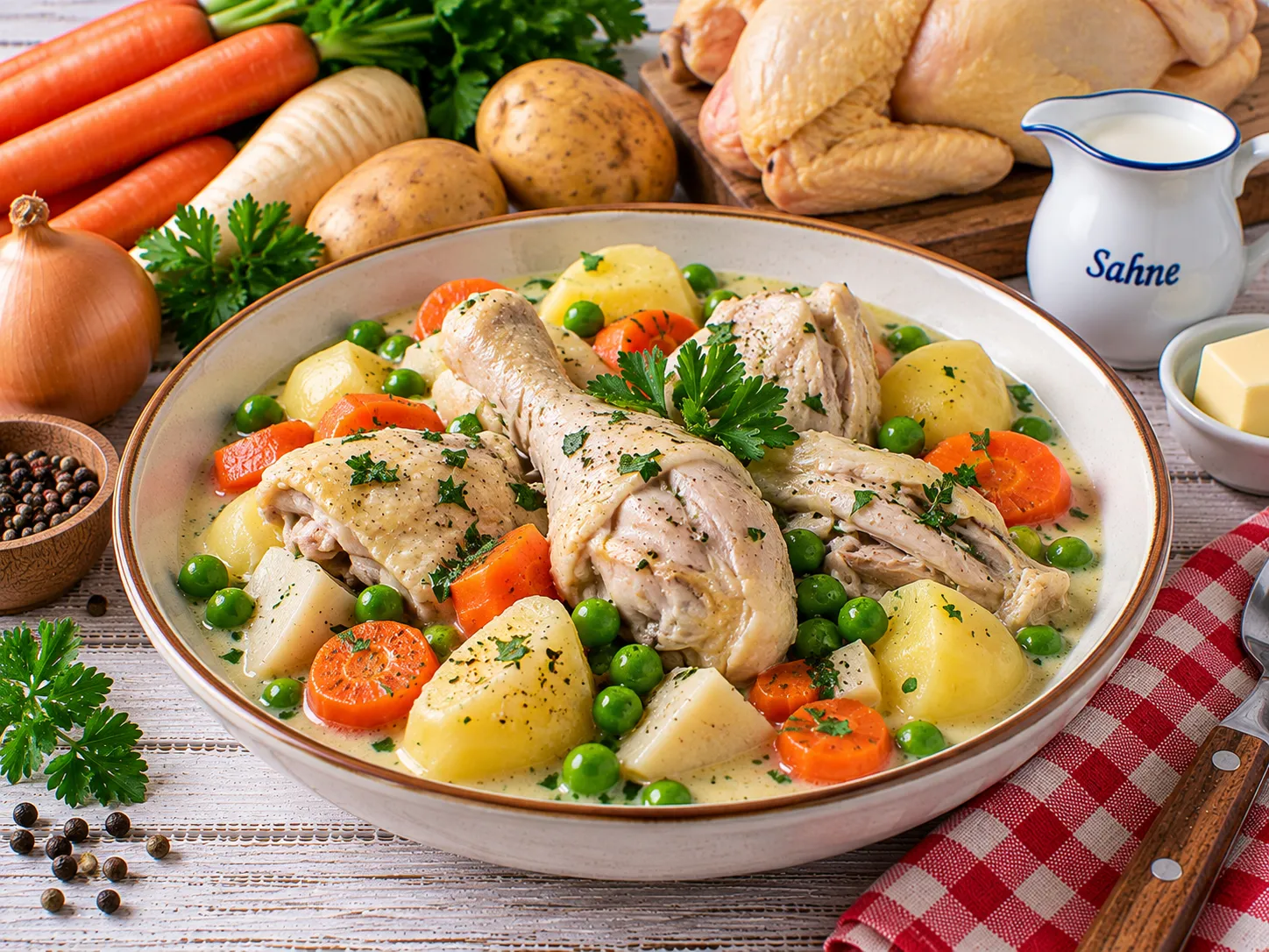 Gekochtes Hühnerfleisch mit Kartoffeln, Möhren und Erbsen in cremiger Brühe.