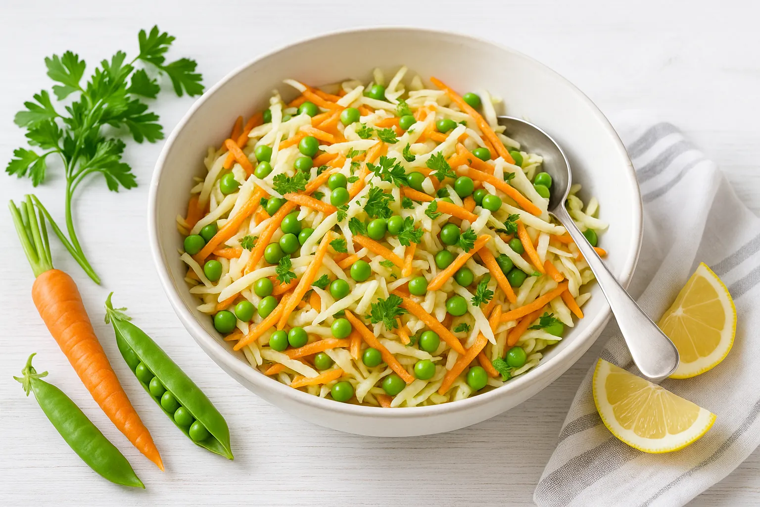 Gemüsecocktailsalat mit Weißkohl, Möhren und Erbsen, angerichtet in einer rustikalen weißen Schüssel auf weißem Holzhintergrund, dekoriert mit Petersilie.