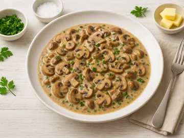 Geschmorte Pilze in cremiger Sauce, garniert mit Petersilie, auf weißem DDR-Teller mit moderner Tischdeko