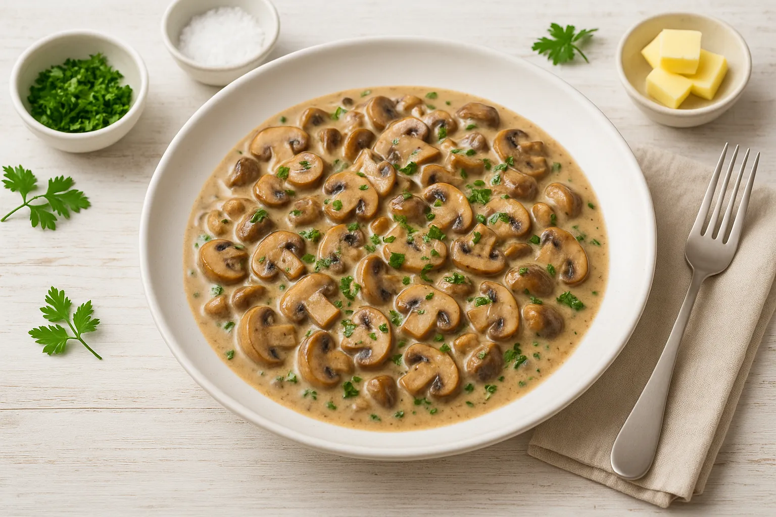 Geschmorte Pilze in cremiger Sauce, garniert mit Petersilie, auf weißem DDR-Teller mit moderner Tischdeko