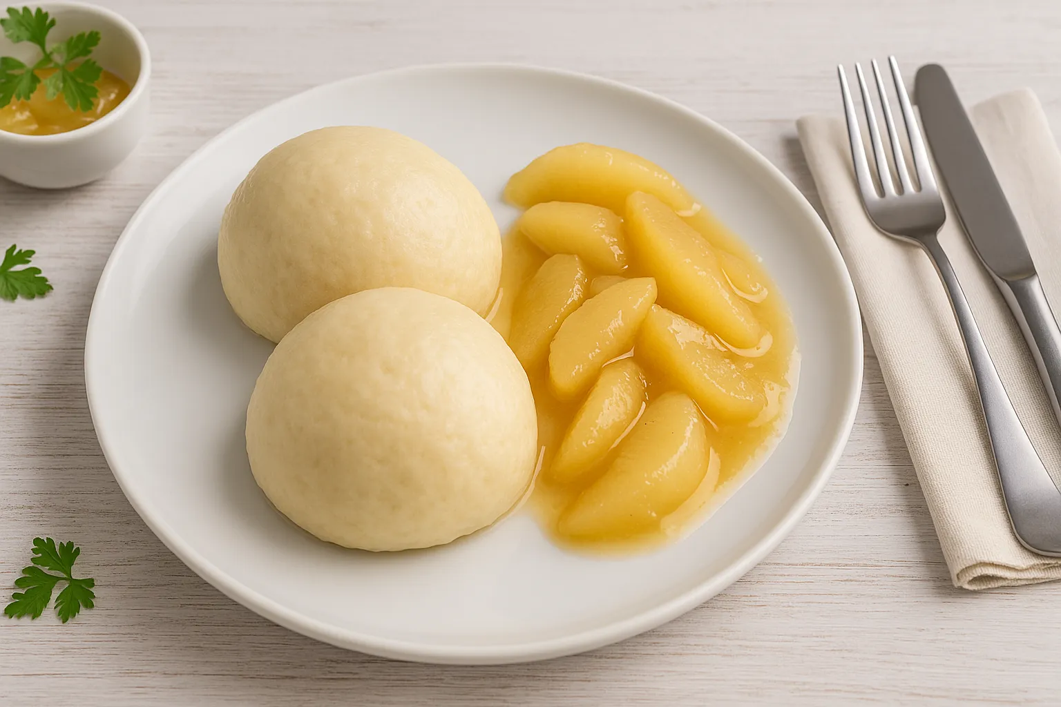 Zwei fluffige Hefeklöße mit süßem Birnenkompott, serviert auf weißem Teller mit Besteck auf hellem Holztisch