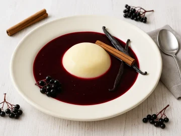 Holundersuppe mit Pudding auf weißem Teller, dekoriert mit Zimtstange, Vanilleschote und frischen Holunderbeeren auf weißem Holztisch