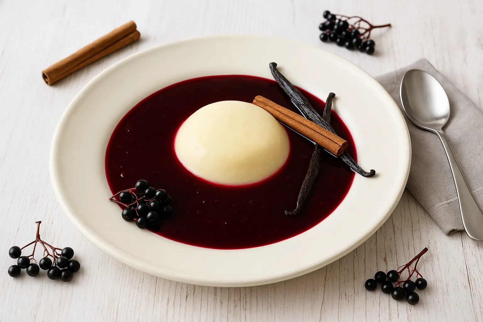 Holundersuppe mit Pudding auf weißem Teller, dekoriert mit Zimtstange, Vanilleschote und frischen Holunderbeeren auf weißem Holztisch