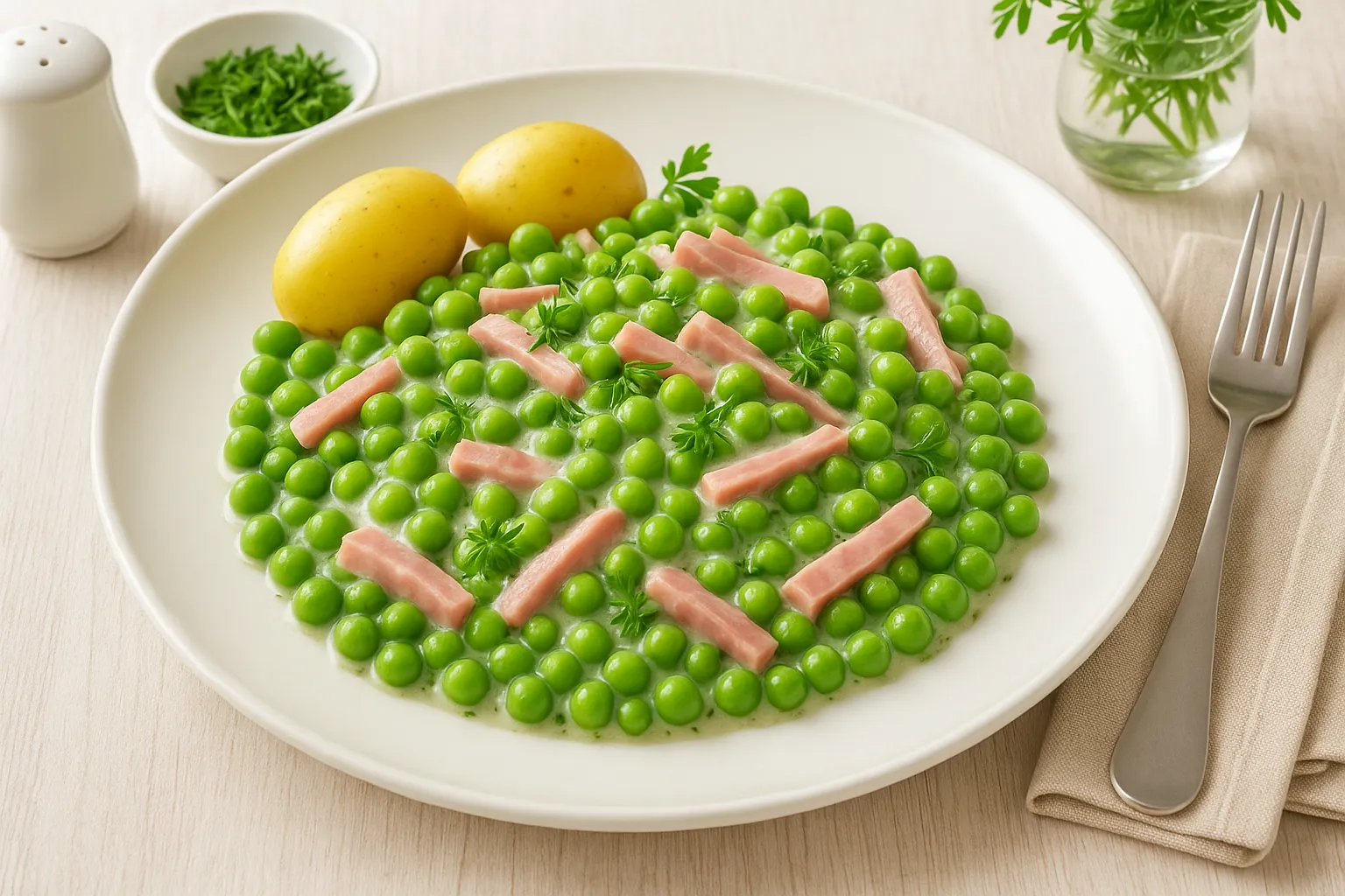 Junge Erbsen mit Schinkenstreifen, saurer Sahne und Kräutern, serviert mit Pellkartoffeln auf weißem Teller