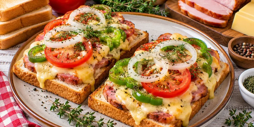 Überbackener Toast mit Kasseler, Käse, Tomaten und Paprika.