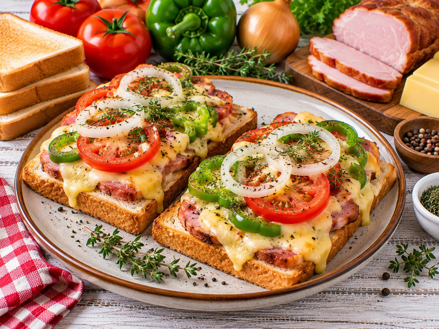 Überbackener Toast mit Kasseler, Käse, Tomaten und Paprika.