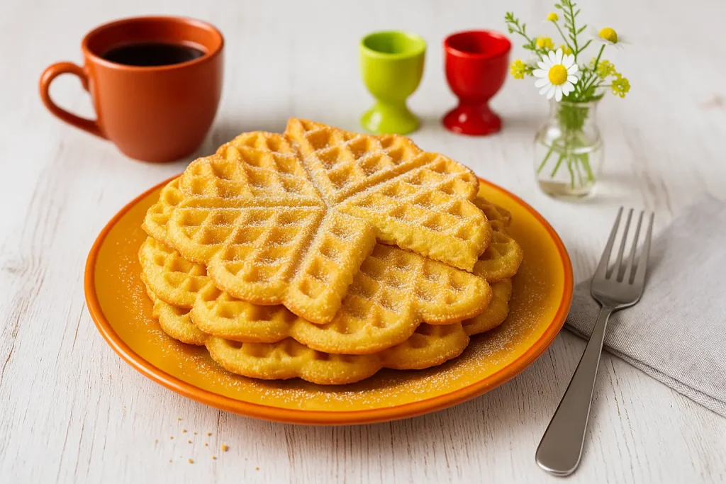 Goldene Kartoffelmehlwaffeln auf orangefarbenem DDR-Teller, serviert auf weißem Holztisch mit bunter Deko, Kaffeetasse und Blumen, fotorealistisch, Breitformat.