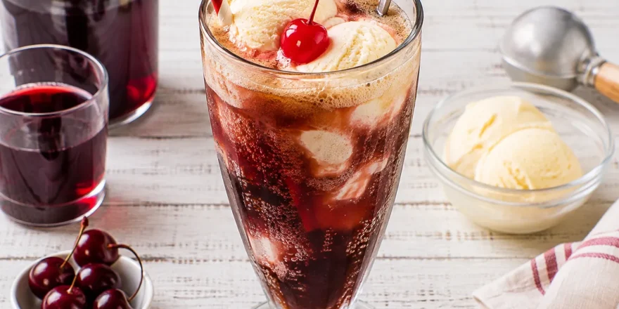 Hohes Glas Kirsch-Cola mit Vanilleeis und Maraschinokirsche.