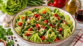 Frischer Kopfsalat mit grünen Bohnen, Paprika und Kräuterdressing.