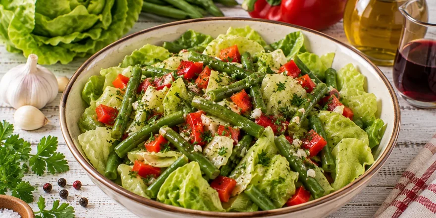 Frischer Kopfsalat mit grünen Bohnen, Paprika und Kräuterdressing.