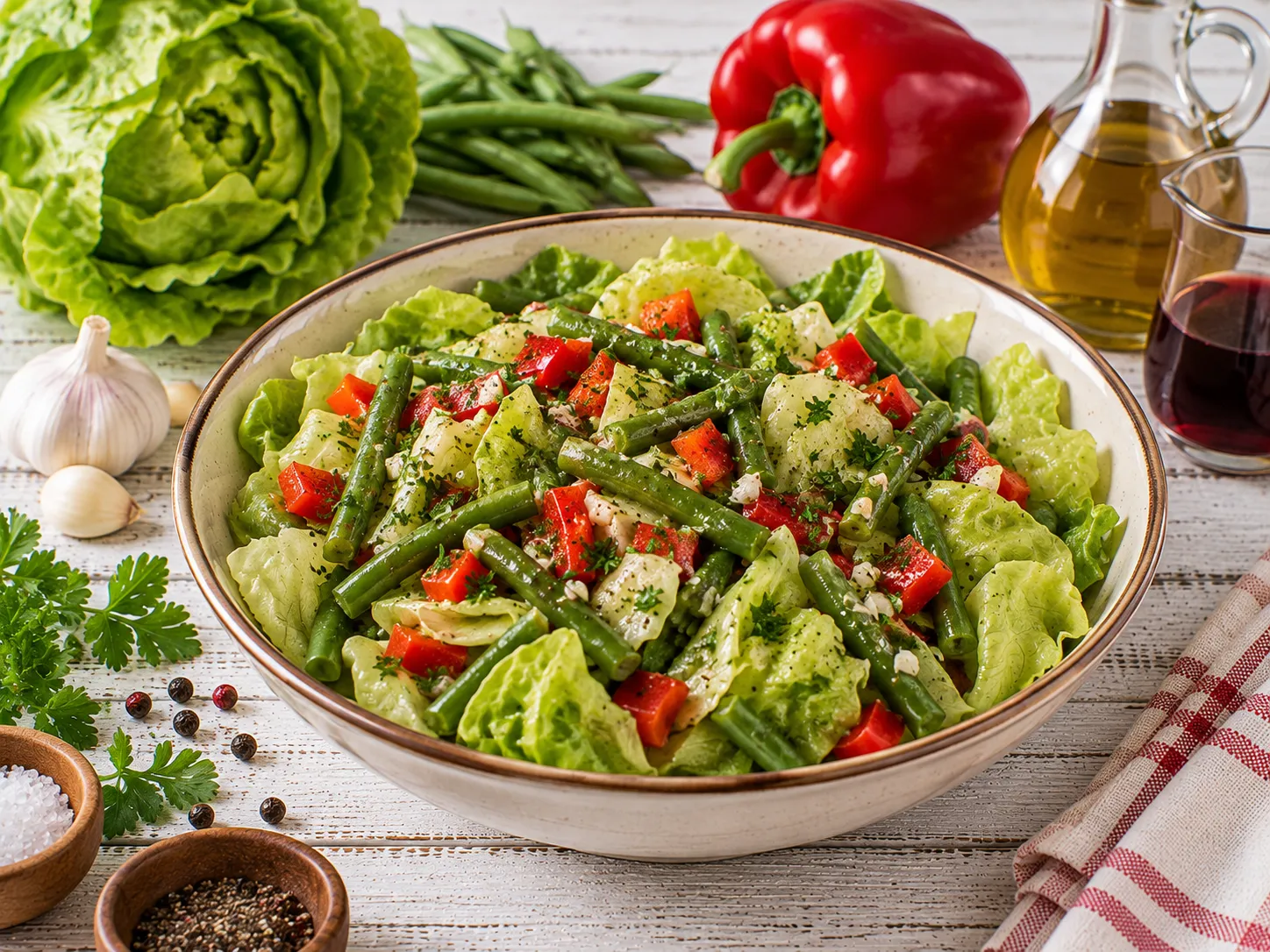 Frischer Kopfsalat mit grünen Bohnen, Paprika und Kräuterdressing.