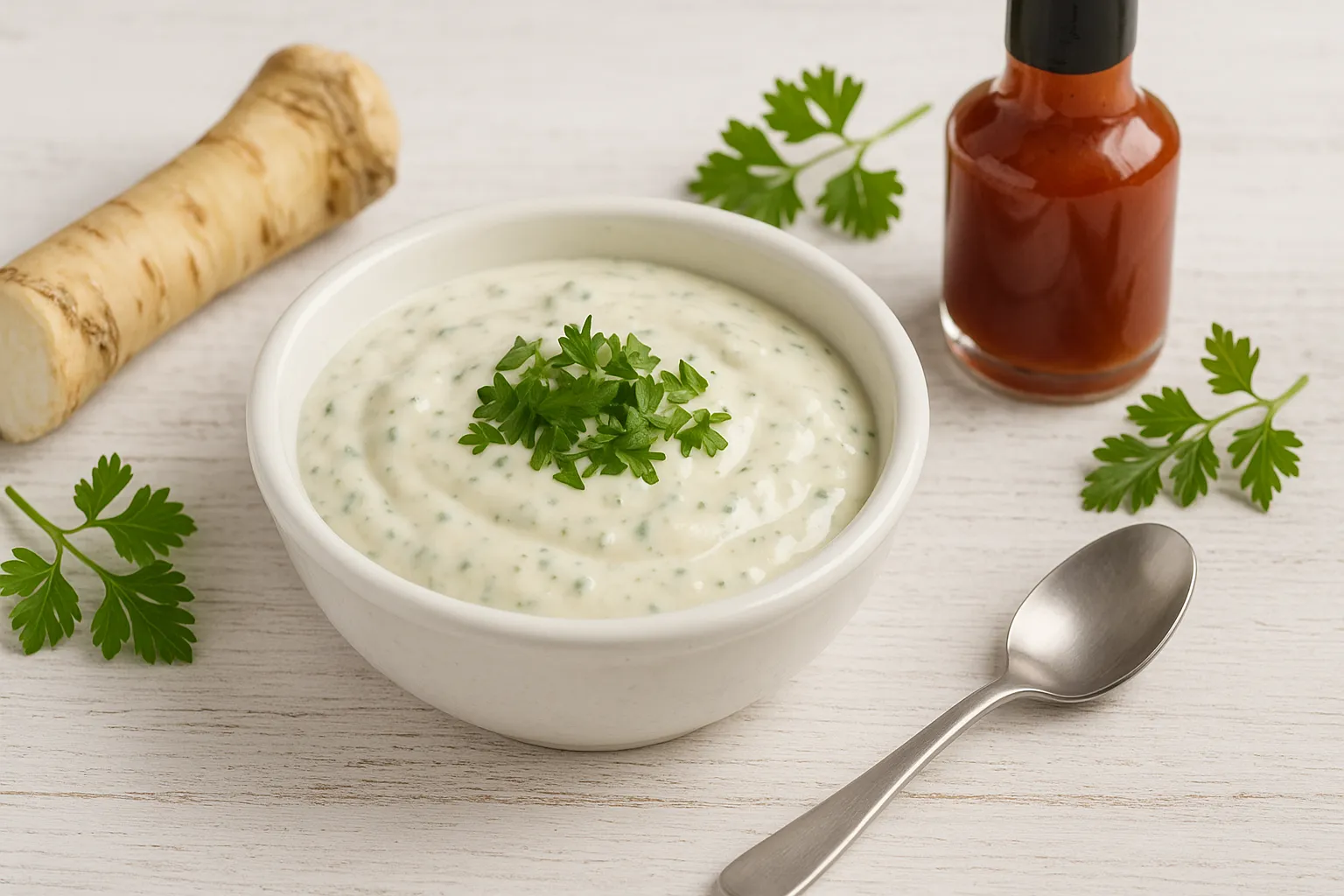Weiße Schale mit Kräuter-Meerrettich-Mayonnaise, dekoriert mit frischer Petersilie, auf weißem Holzhintergrund mit Deko-Zutaten.