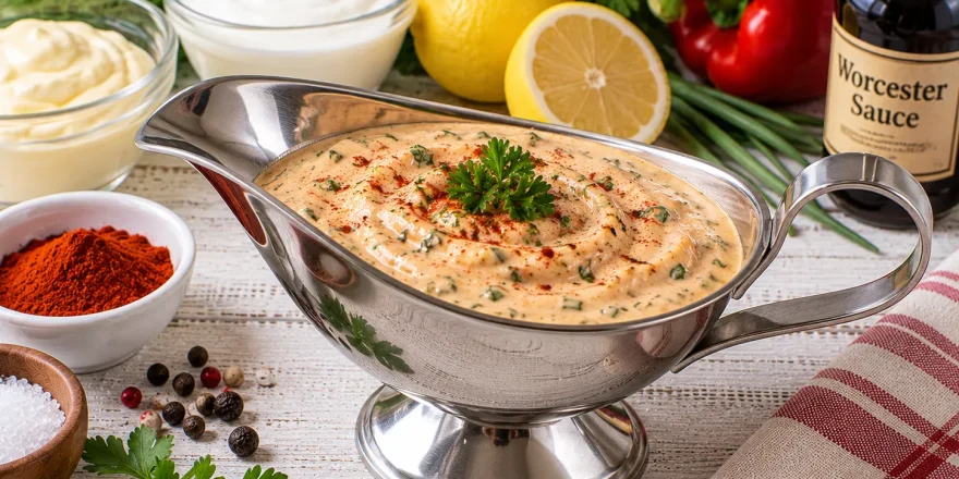Kräuter-Paprika-Mayonnaise in einer Edelstahl-Sauciere.