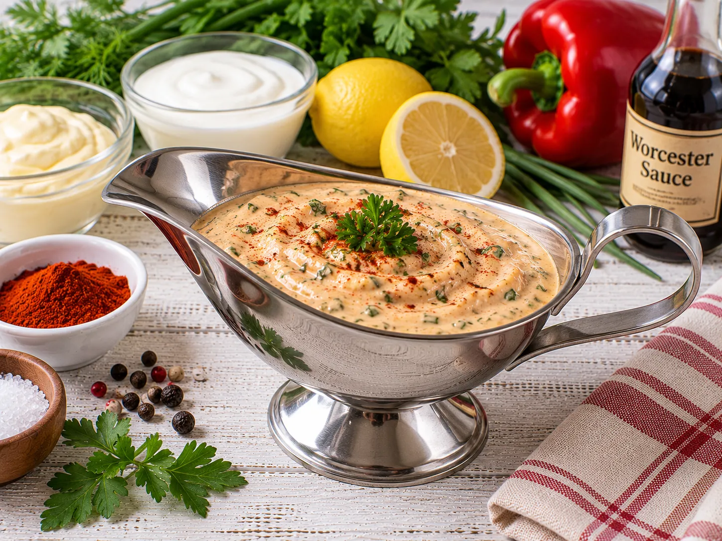 Kräuter-Paprika-Mayonnaise in einer Edelstahl-Sauciere.