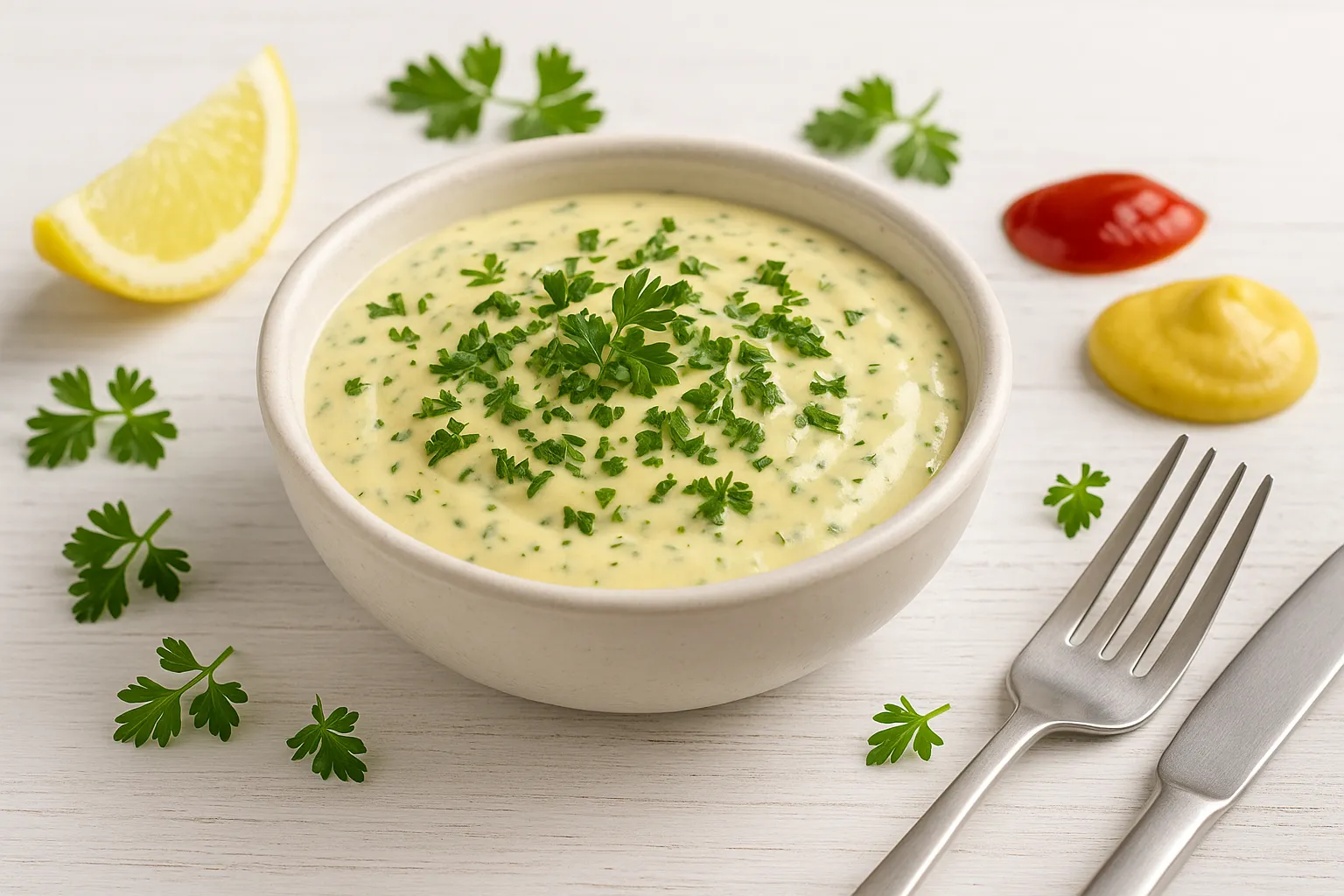  Fotorealistische Kräuter-Senf-Mayonnaise in einer weißen, rustikalen DDR-Schale, garniert mit frischen Kräutern, umgeben von moderner Deko und Besteck auf weißem Holz mit sichtbarer Maserung.