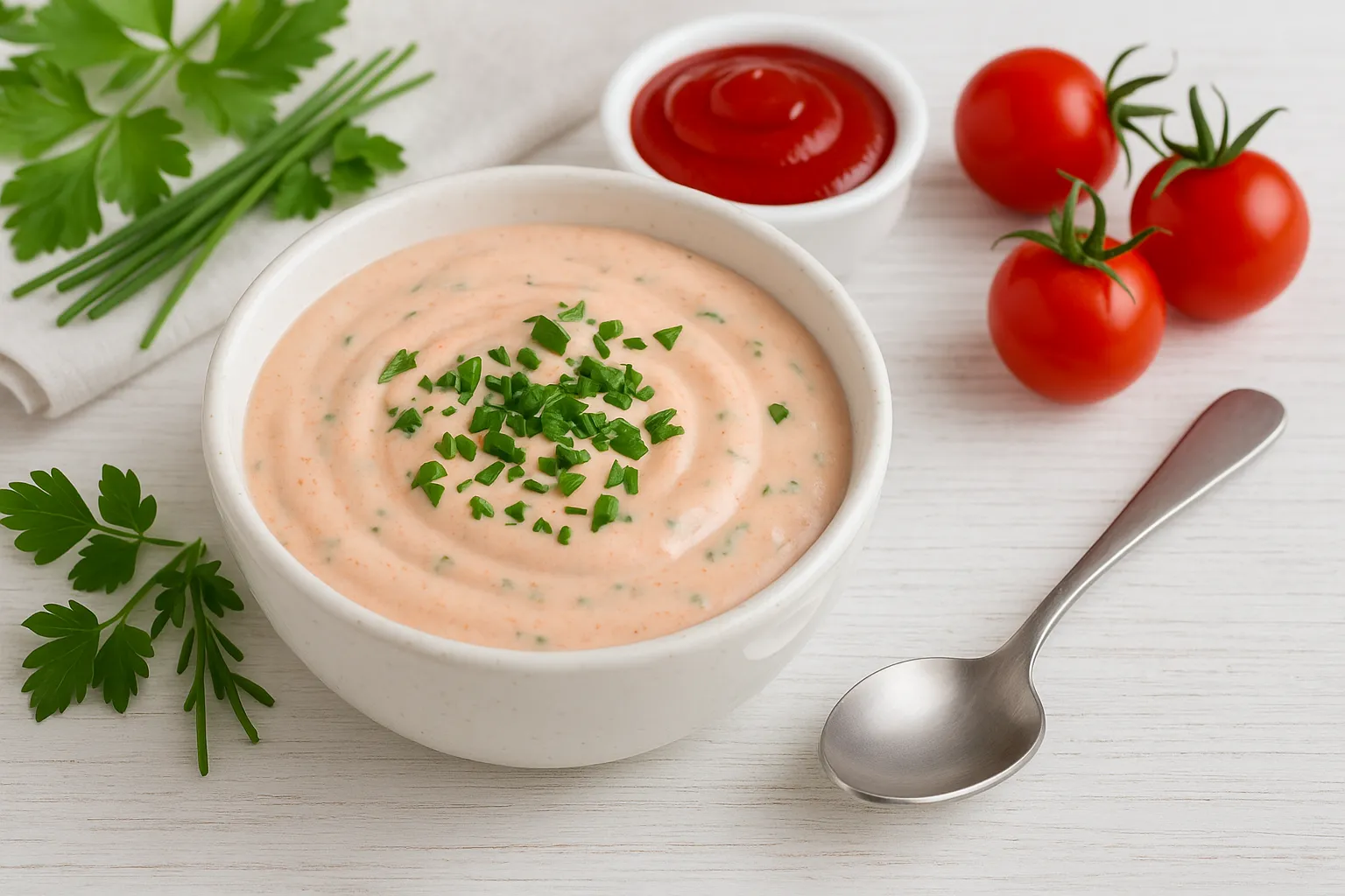 Kräuter-Tomaten-Mayonnaise in einer weißen Schale, garniert mit frischen Kräutern, daneben Kirschtomaten und Ketchupschälchen auf weißem Holzhintergrund.