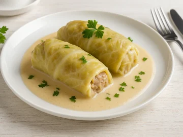 Teller mit Krautwickeln nach ukrainischer Art, serviert mit cremiger Sahnesoße