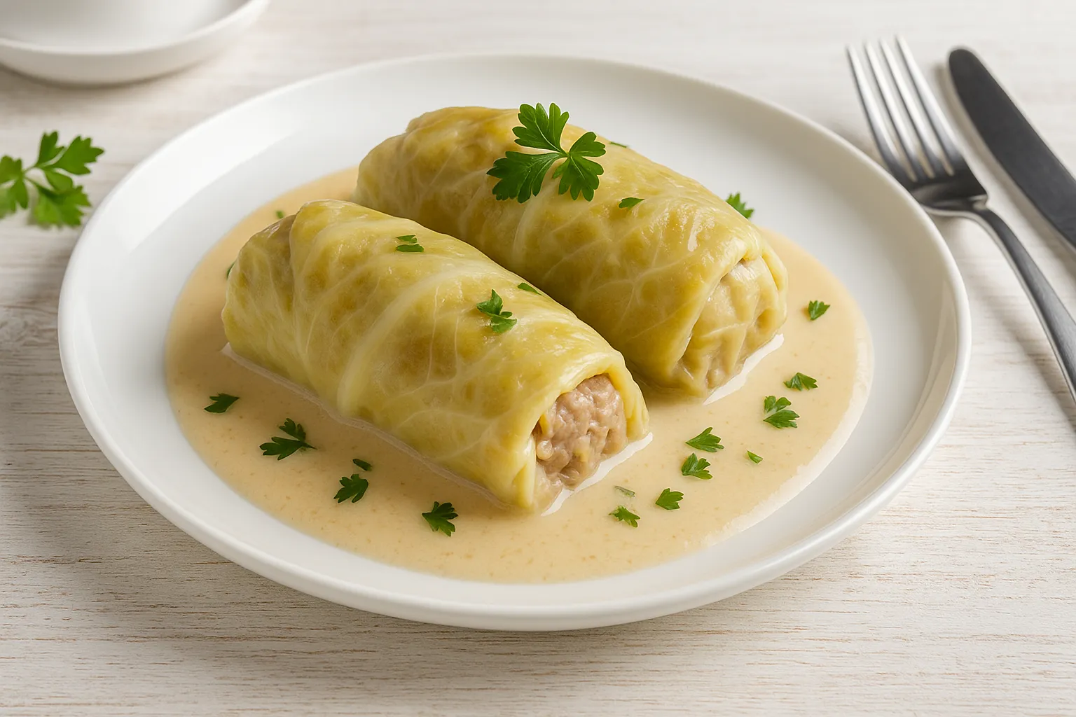 Teller mit Krautwickeln nach ukrainischer Art, serviert mit cremiger Sahnesoße