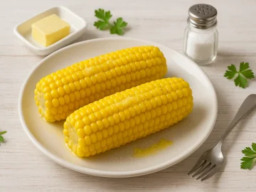 Goldgelbe Maiskolben mit geschmolzener Butter auf weißem Teller, dekoriert mit Butterstückchen und Salzstreuer auf weißem Holzhintergrund.