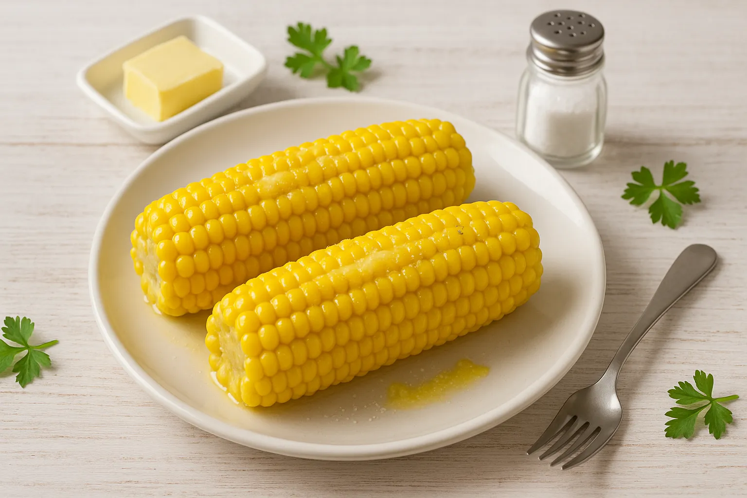 Goldgelbe Maiskolben mit geschmolzener Butter auf weißem Teller, dekoriert mit Butterstückchen und Salzstreuer auf weißem Holzhintergrund.