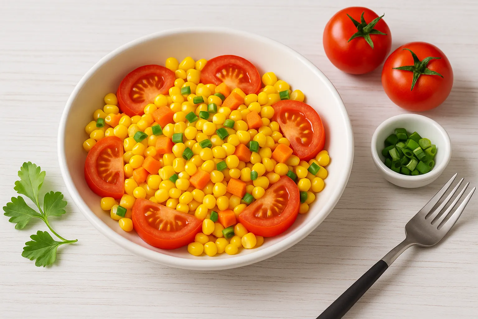 Bunter Maissalat mit Möhren, Tomaten und Lauchzwiebeln in weißer Schüssel auf weißem Holzhintergrund.