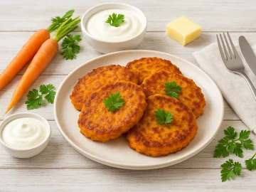 Möhrenfladen auf weißem Teller, serviert mit Sahne und dekoriert mit frischen Möhren und Petersilie auf weißem Holzhintergrund.