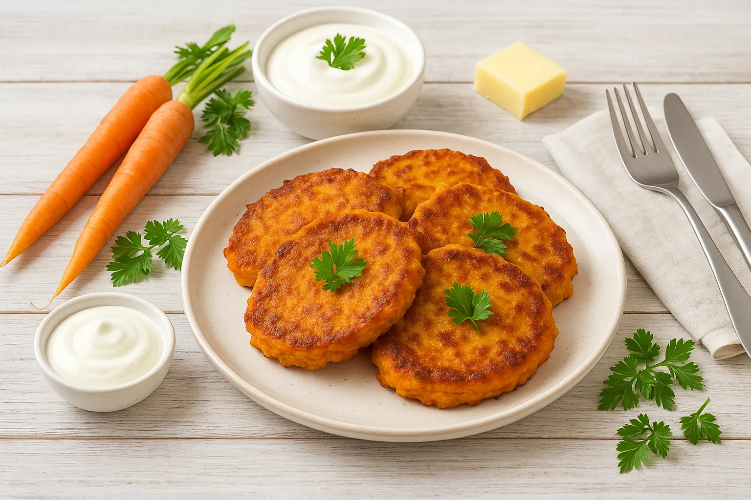 Möhrenfladen auf weißem Teller, serviert mit Sahne und dekoriert mit frischen Möhren und Petersilie auf weißem Holzhintergrund.