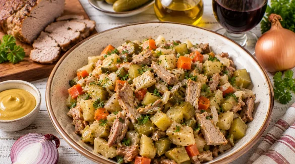 Herzhafter Montagssalat mit Fleisch, Gemüse und Gurken in einer Schüssel.