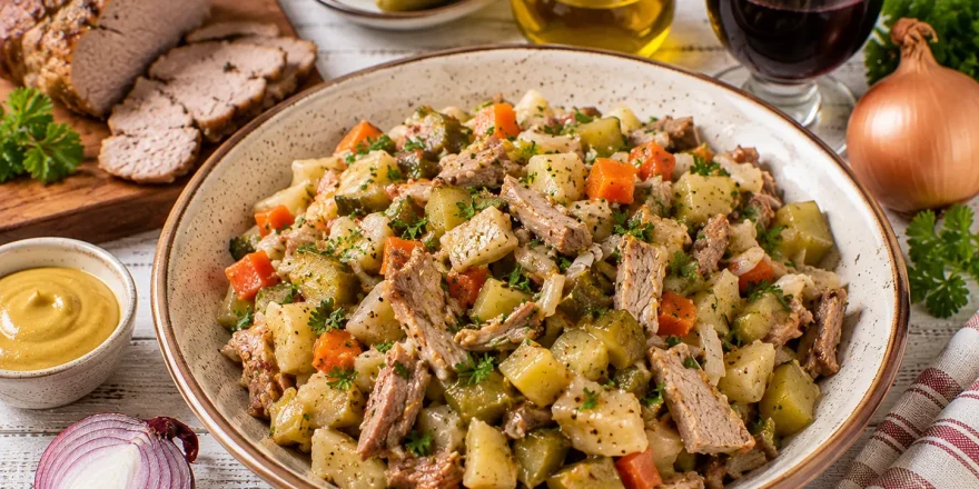 Herzhafter Montagssalat mit Fleisch, Gemüse und Gurken in einer Schüssel.
