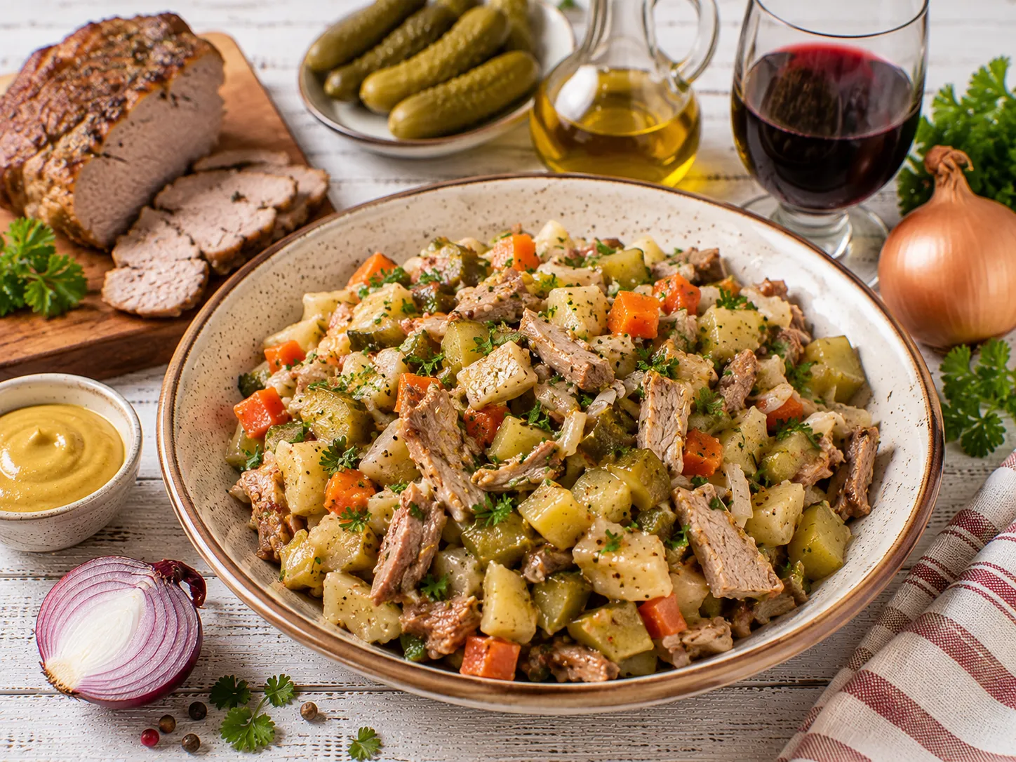 Herzhafter Montagssalat mit Fleisch, Gemüse und Gurken in einer Schüssel.