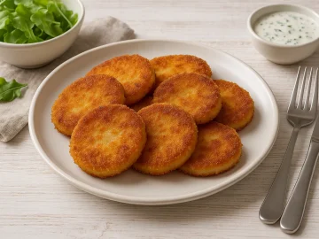 Knusprig gebratene, goldbraune Kohlrabischeiben auf weißem Teller mit moderner Tischdekoration.