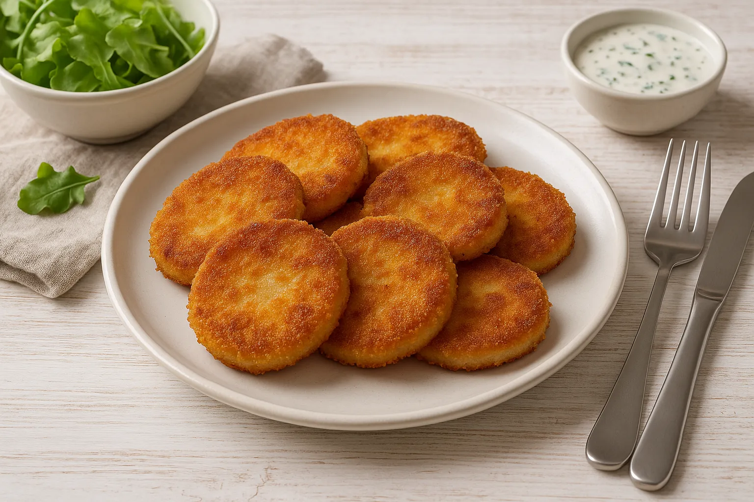Knusprig gebratene, goldbraune Kohlrabischeiben auf weißem Teller mit moderner Tischdekoration.