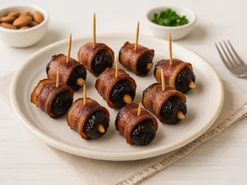Goldbraun gebratene Pflaumen im Schlafrock mit Mandeln, umwickelt mit Speck und mit Zahnstochern fixiert