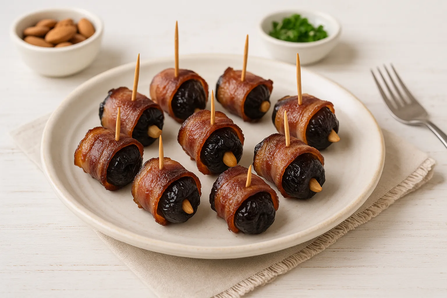 Goldbraun gebratene Pflaumen im Schlafrock mit Mandeln, umwickelt mit Speck und mit Zahnstochern fixiert