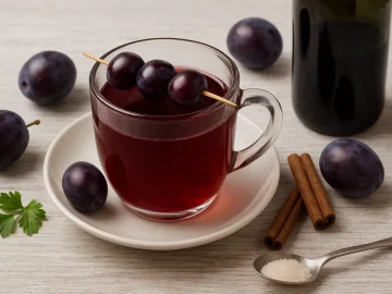 Glas mit heißem Pflaumenglühwein und Pflaumenspieß, umgeben von Pflaumen, Zimt und Rotwein auf weißem Holzhintergrund.