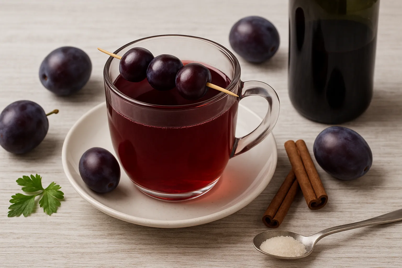 Glas mit heißem Pflaumenglühwein und Pflaumenspieß, umgeben von Pflaumen, Zimt und Rotwein auf weißem Holzhintergrund.