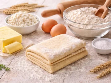 Gefalteter Quarkblätterteig auf bemehlter Arbeitsfläche mit Zutaten im Hintergrund