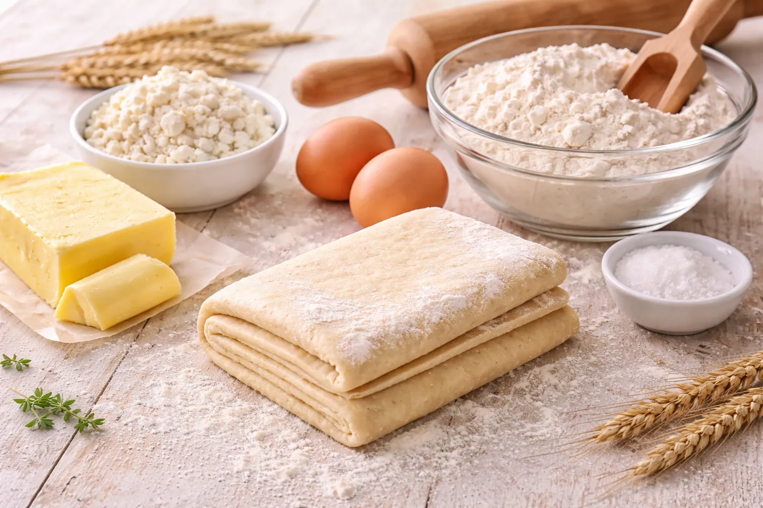 Gefalteter Quarkblätterteig auf bemehlter Arbeitsfläche mit Zutaten im Hintergrund