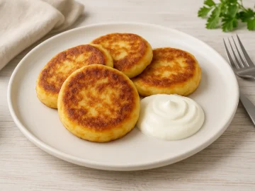 Goldbraune Quarkkeulchen mit Möhre, serviert mit Sahne auf weißem Teller, dekoriert auf hellem Holztisch