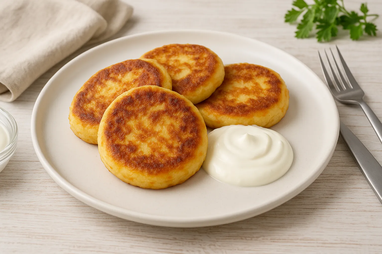 Goldbraune Quarkkeulchen mit Möhre, serviert mit Sahne auf weißem Teller, dekoriert auf hellem Holztisch