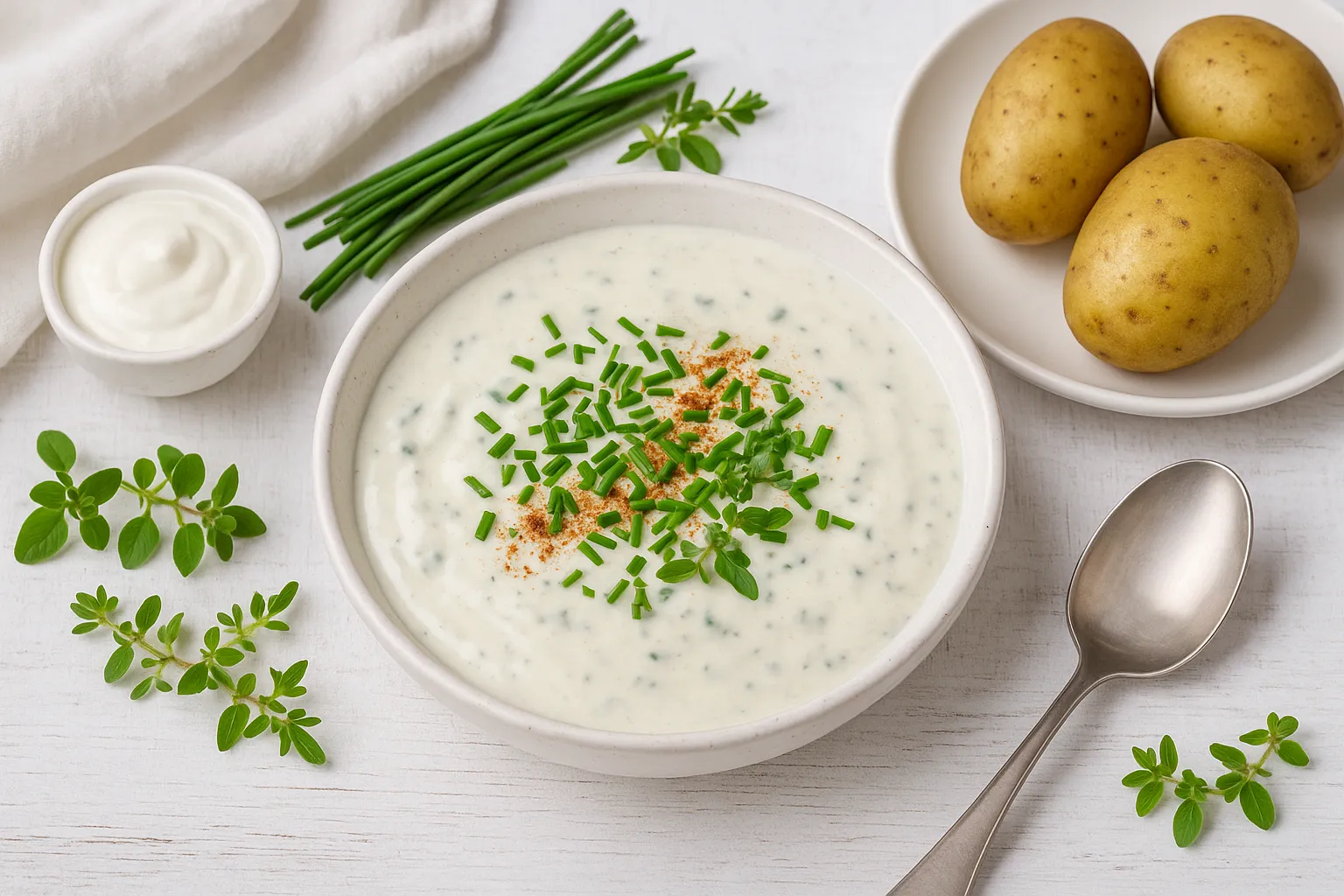 Quarktunke in einer weißen Schüssel, bestreut mit Schnittlauch, daneben Pellkartoffeln und frische Kräuter, angerichtet auf weißem Holzhintergrund.