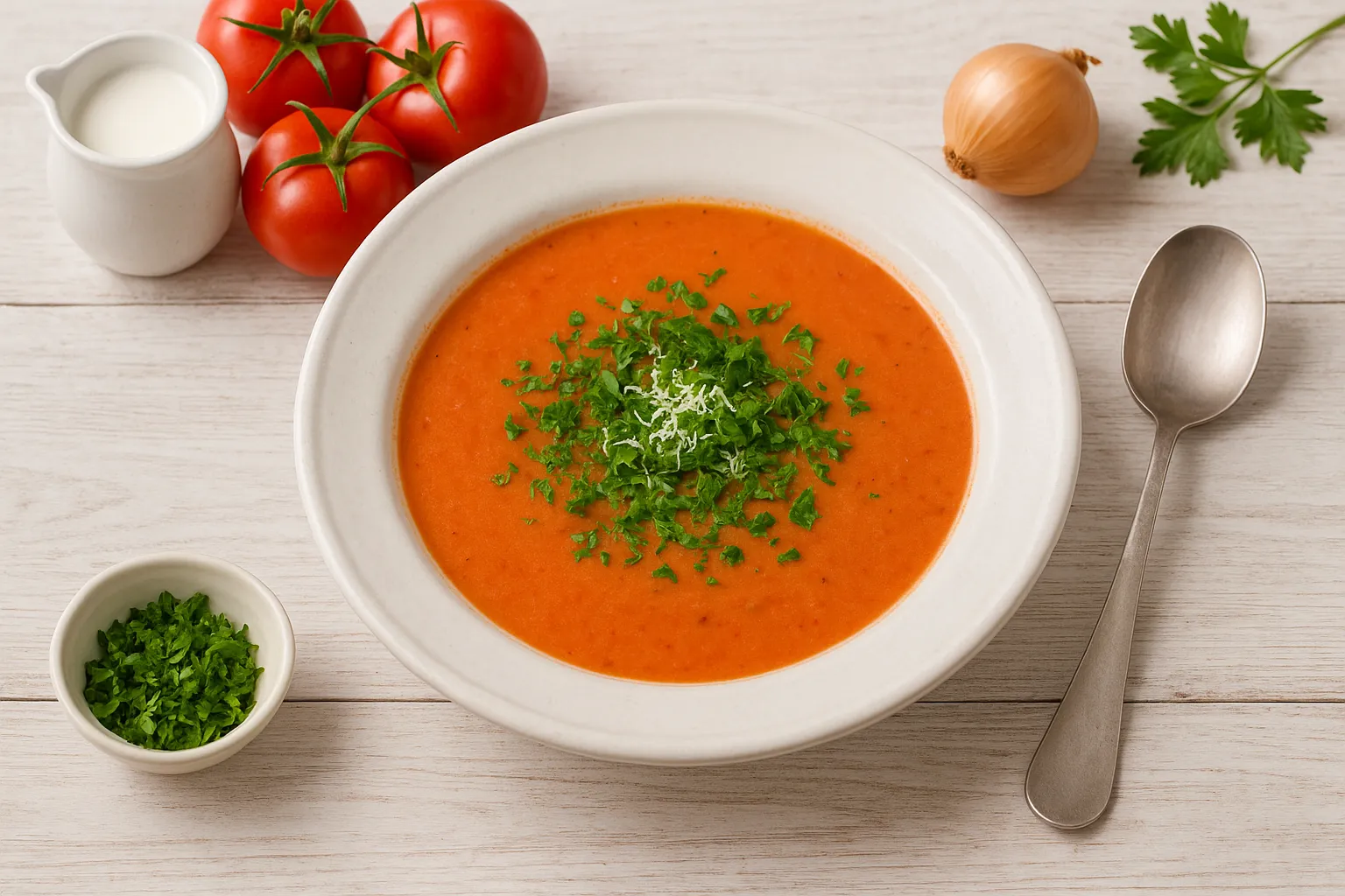 Rohe Tomatensuppe mit Kräutern und Käse im weißen tiefen Teller, dekoriert mit frischen Zutaten, auf weißem Holzhintergrund.