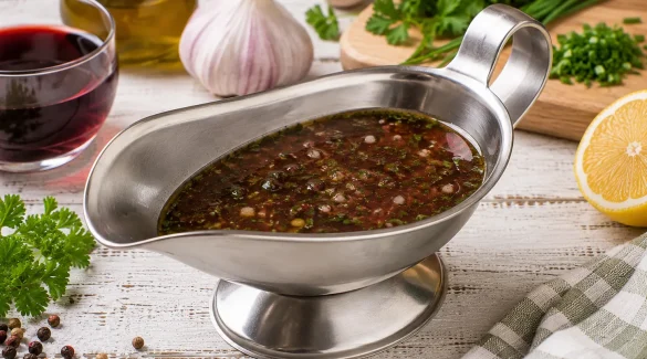 Rotwein-Kräuter-Soße in einer Edelstahl-Sauciere.
