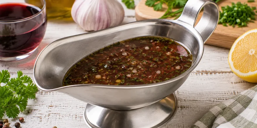 Rotwein-Kräuter-Soße in einer Edelstahl-Sauciere.