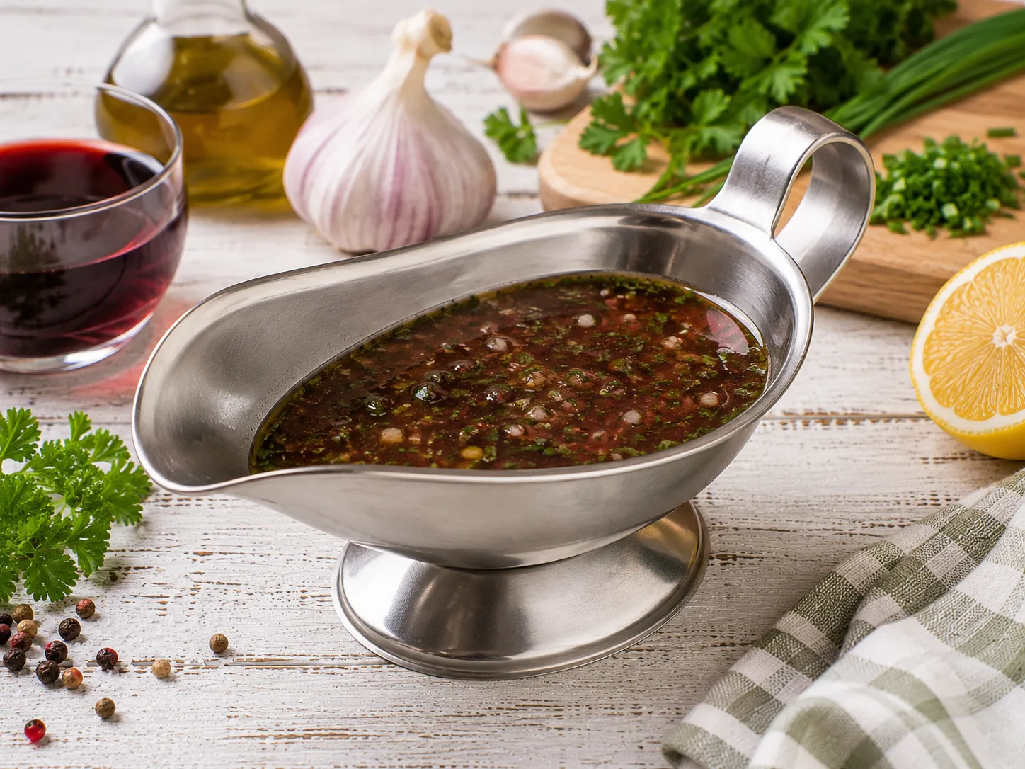 Rotwein-Kräuter-Soße in einer Edelstahl-Sauciere.