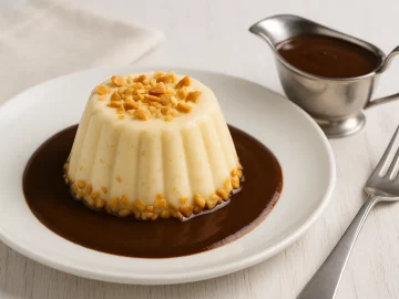 Gestürzter Sächsischer Pudding mit Mandeln und Schokosoße auf weißem Teller