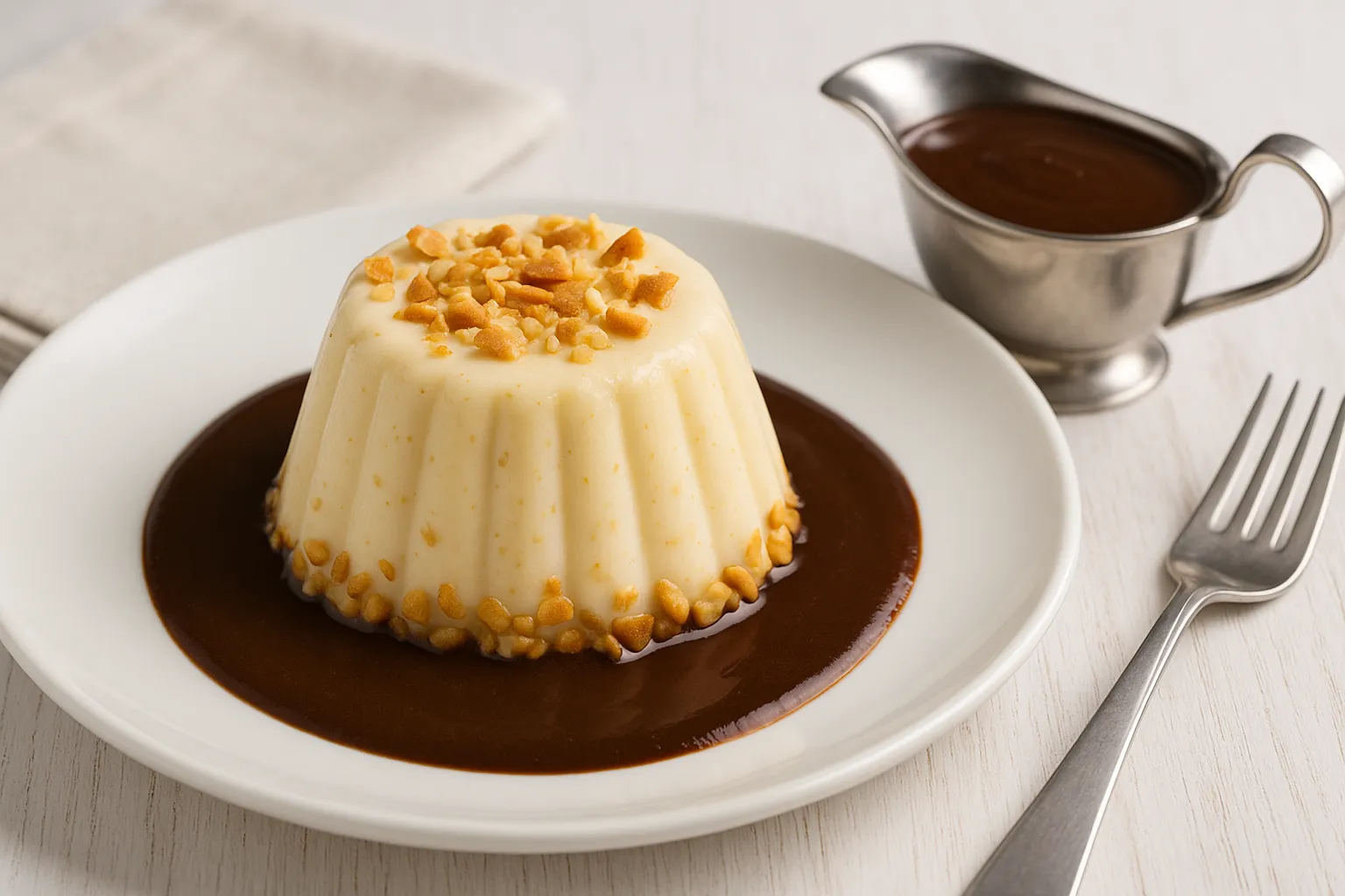 Gestürzter Sächsischer Pudding mit Mandeln und Schokosoße auf weißem Teller