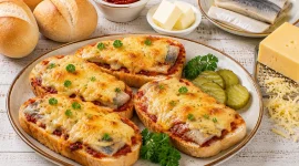 Goldbraun überbackene Weißbrotscheiben mit Hering, Tomatenmark und Käse.